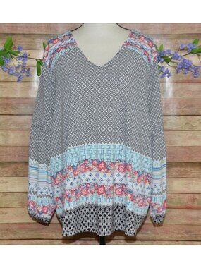 Style & Co. Womens Long Bishop Sleeve Mixed Floral Print Blouse Top Plus Size 3X